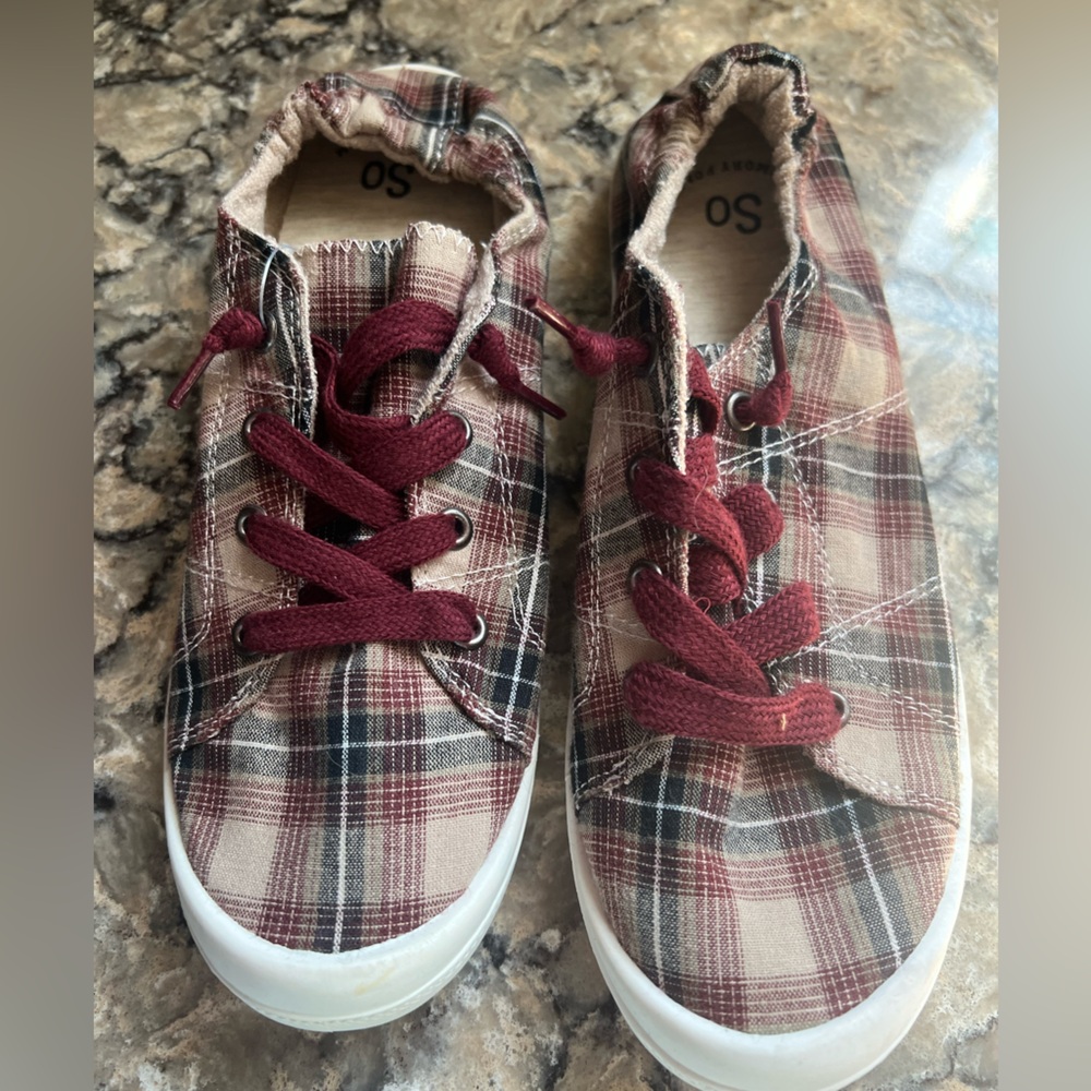 SO Burgundy and Brown Sneakers with Plaid Pattern and White Soles-Size 8 1/2